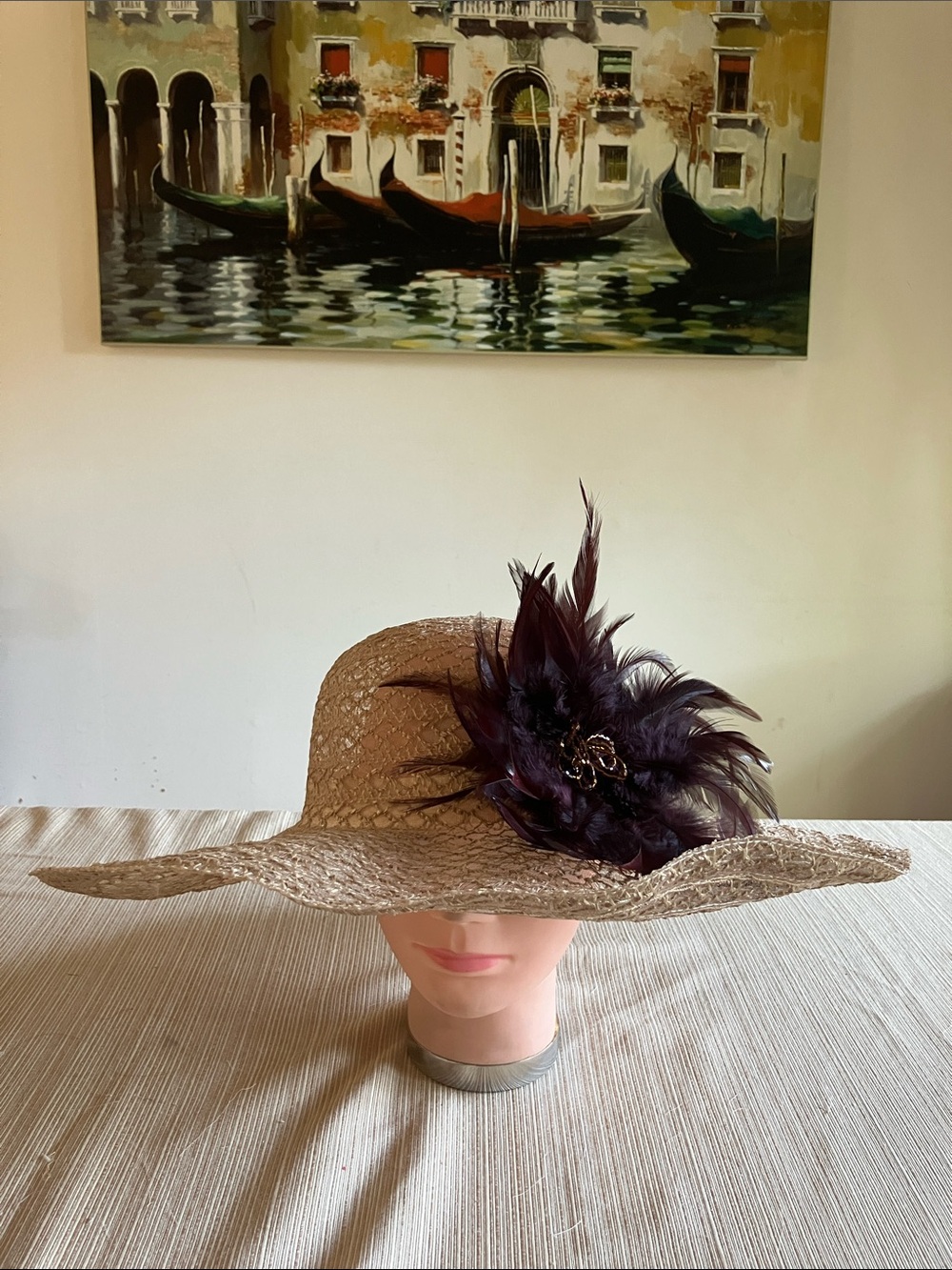 Elegant Wide-Brim Lace Like Hat with Feather Accent - Neutral